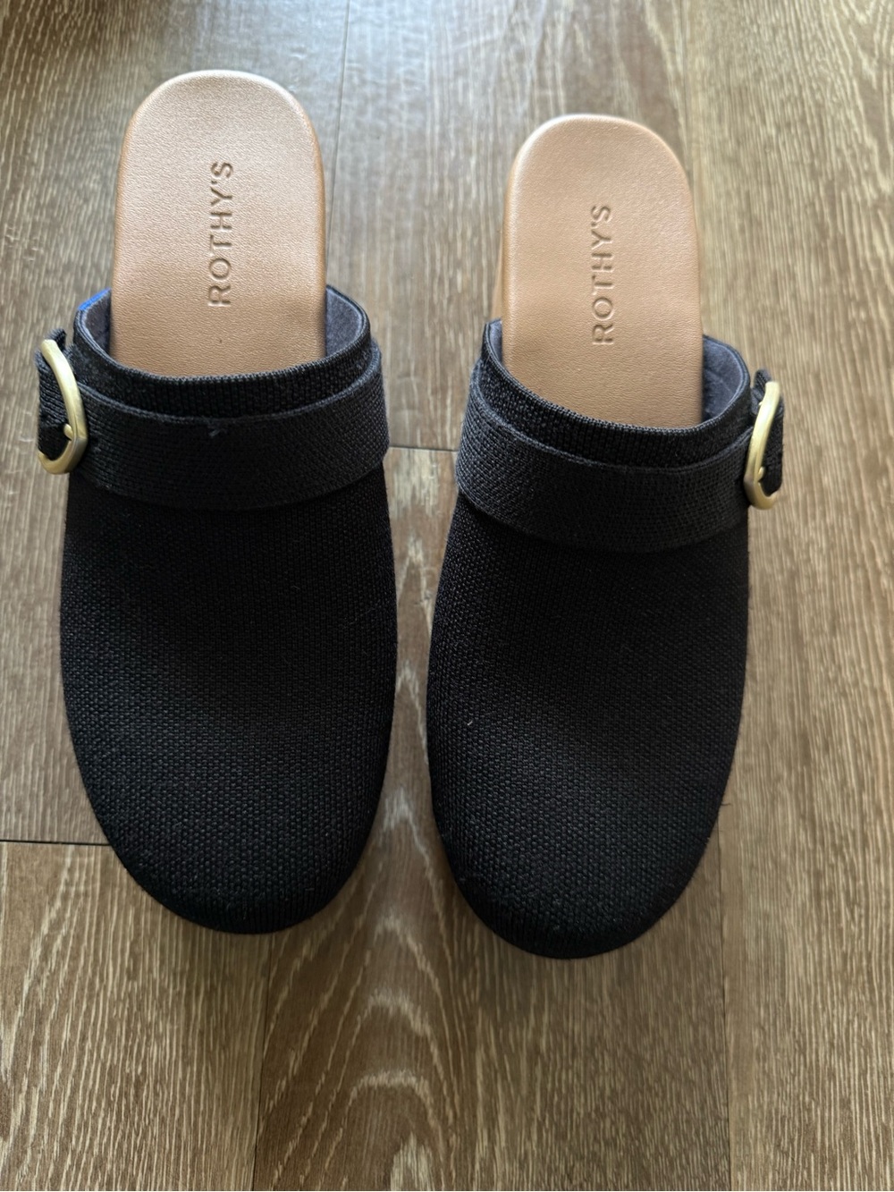 Rothy's Black Knit Slip-On Mules with Gold Buckle Sz 11 NWT